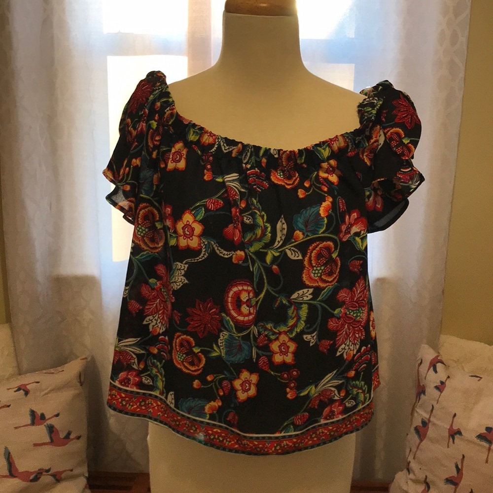 By & by black floral print off shoulder sheer top